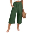 thumbnail image 1 of Nfurl Wide Leg Capris for Women with Pockets Loose Fit Elastic Waist Linen Capri for Summer Lightweight Solid Color Casual Capris Pants Army Green,XL, 1 of 7