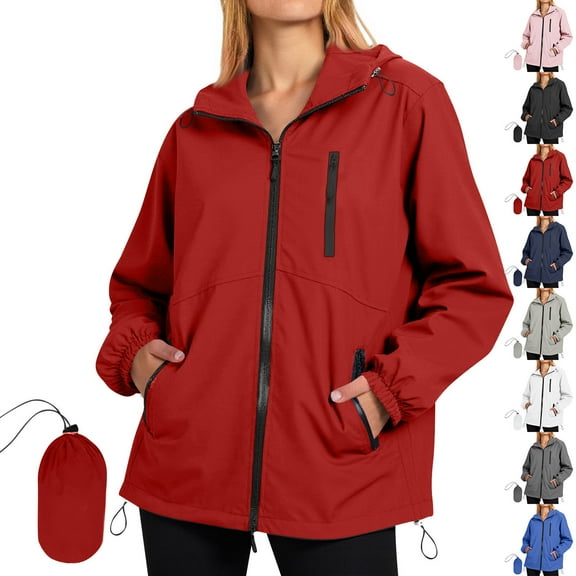 Nfurl Windbreaker Jackets for Women Lightweight Packable Long Sleeve Raincoats with Hood Casual Solid Color Waterproof Rain Jacket Pink S