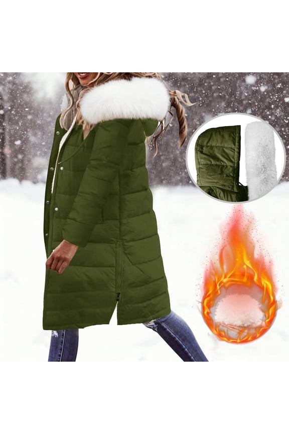 Winter Coats for Women Plus Size Thicken Fleece Lined Full Zip Long Puffer Jackets with Plush Hood Warm Ladies Quilted Padded Coat Army Green XXXL