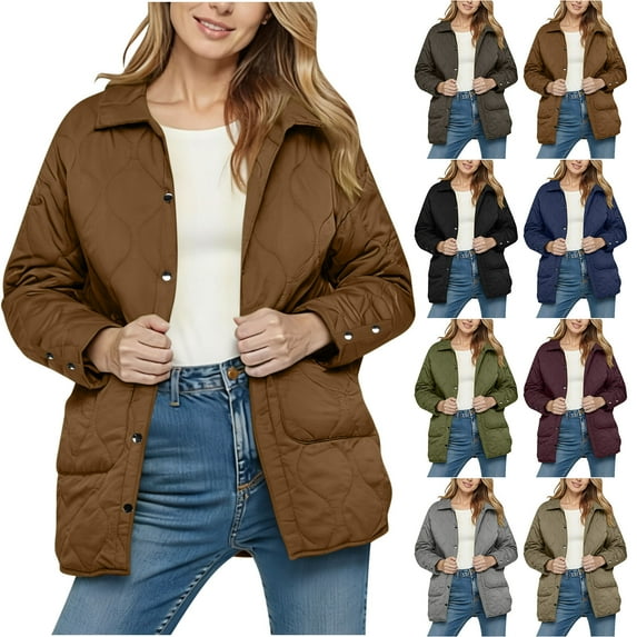 Nfurl Winter Puffer Coats for Women Warm Button Down Solid Color Winter Jackets with Pockets Lightweight Outerwear Going Out Quilted Jacket Coffee L