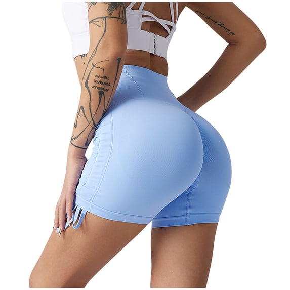 Nfurl Women Biker Shorts High Waist Tummy Control Workout Gym Spandex Shorts Casual Solid Color Butt Lifting Yoga Shorts Sky Blue,M