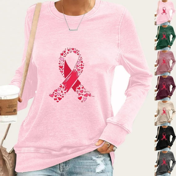 Nfurl Women Blessed Breast Cancer Ribbon Graphic Tees Shirts Long Sleeve Cancers Awareness T-shirts for Breast Cancer Survivor Gifts Wine S