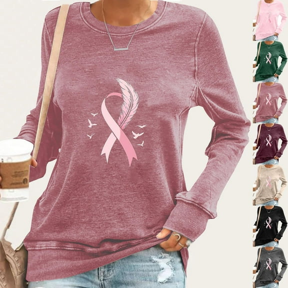 Nfurl Women Breast Cancer Awareness Shirts Pink Ribbon Graphic Tees Casual Long Sleeve Tunic Tops Crewneck Pullover Tops Gifts for Breast Cancer Survivor Black XXL