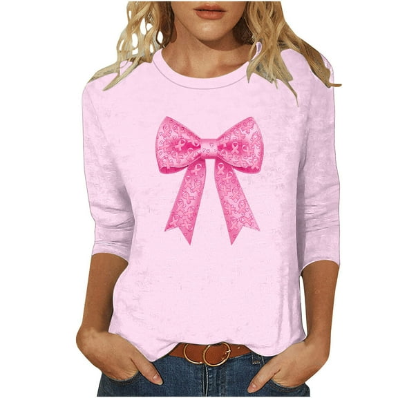 Nfurl Women Breast Cancer Ribbon Shirts Cute Bow Printed 3/4 Sleeve Tshirts Inspirational Cancers Awareness T-Shirts Gifts for Warrior Pink XXXL