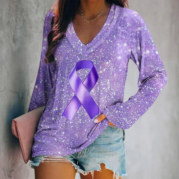 Nfurl Women Breast Cancer T Shirts Long Sleeve V Neck Tshirts Ribbon Graphic Tees Cancers Awareness Shirts Gifts for Breast Cancer Survivor Purple S