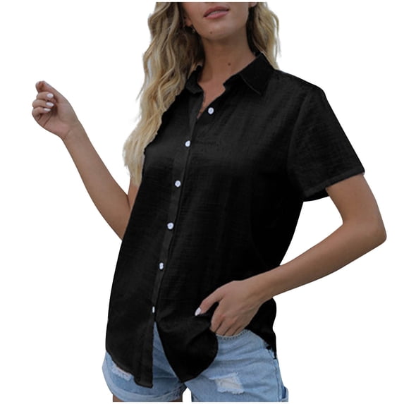 Nfurl Women Button Down Blouses Lightweight Short Sleeve Shirts Collared Summer Tops Casual Cotton Linen Tops Ladies Blouses Black,Size XXXXL
