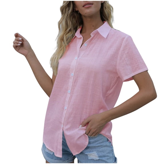Nfurl Women Button Down Blouses Lightweight Short Sleeve Shirts Collared Summer Tops Casual Cotton Linen Tops Ladies Blouses Pink,Size XXXXL