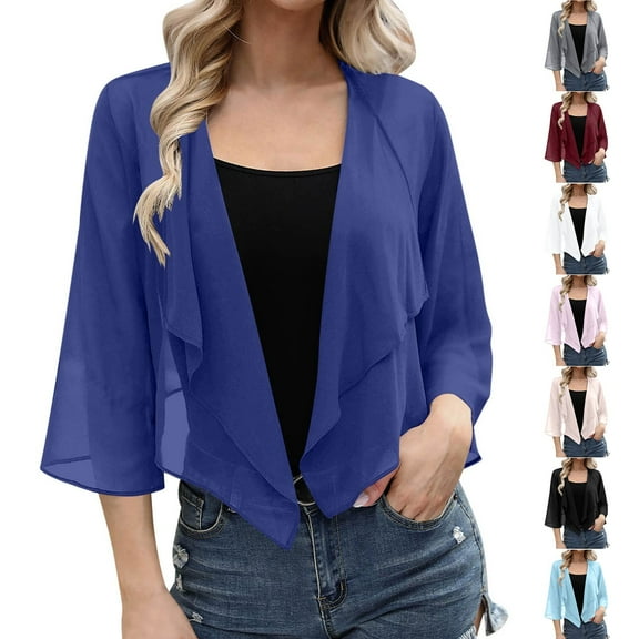 Nfurl Women Chiffon Cropped Cardigans Lightweight Plain Open Front Shrugs Casual 3/4 Sleeve Sheer Fall Cardigans Black L
