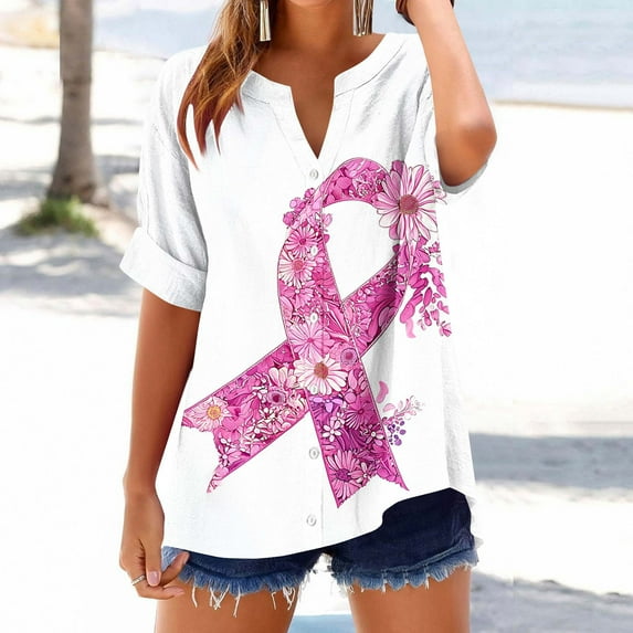 Nfurl Women Cotton Linen Breast Cancer T Shirts Pink Ribbon Graphic Tees Casual Short Sleeve V Neck Button Down Tshirts Gifts for Cancers Warrior Pink XXL