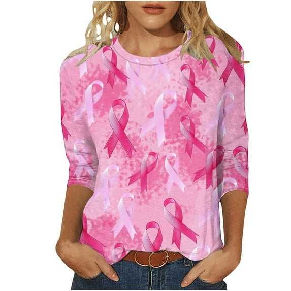 Nfurl Women Pink Ribbon Breast Cancer Graphic Tees Shirts Casual Crewneck 3/4 Sleeve Tshirts Cancers Awareness Shirts Pullover Tops Pink M