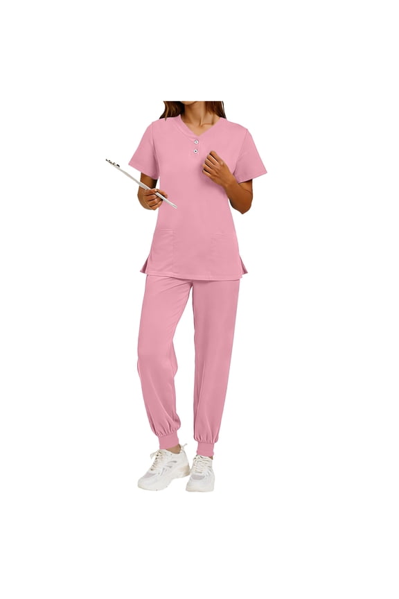 Women Scrubs Sets with Jogger Foot Short Sleeve Henley Neck Tops with 2 Pockets 2 Piece Nursing Uniform Scrubs Sets for Women Pink XXL