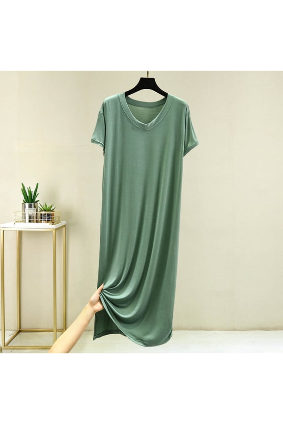 Women V Neck Nightgowns Summer Short Sleeve Modal Nightgown Soft Comfy Sleeping Gowns Flowy Casual House Dresses Green,Free Size