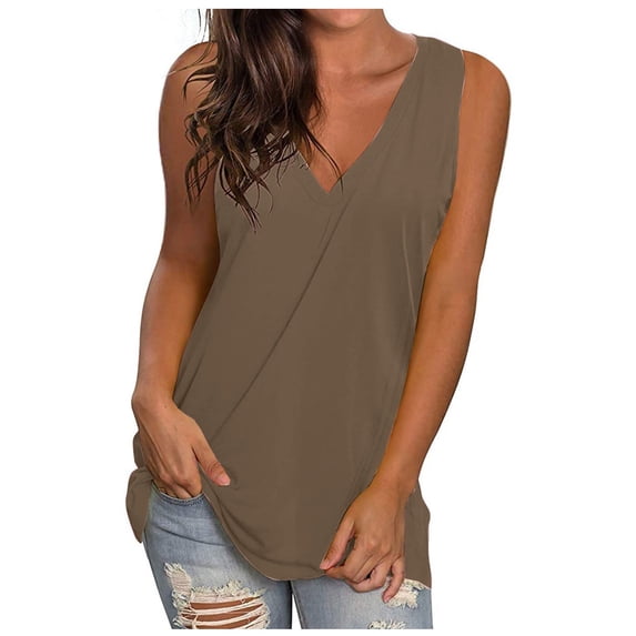 Nfurl Women V Neck Tank Tops Casual Wide Strap Solid Color Sleeveless Tee Shirts Summer Flowy Tunic Tank Tops Fitted Basic T-shirts Coffee,XXL