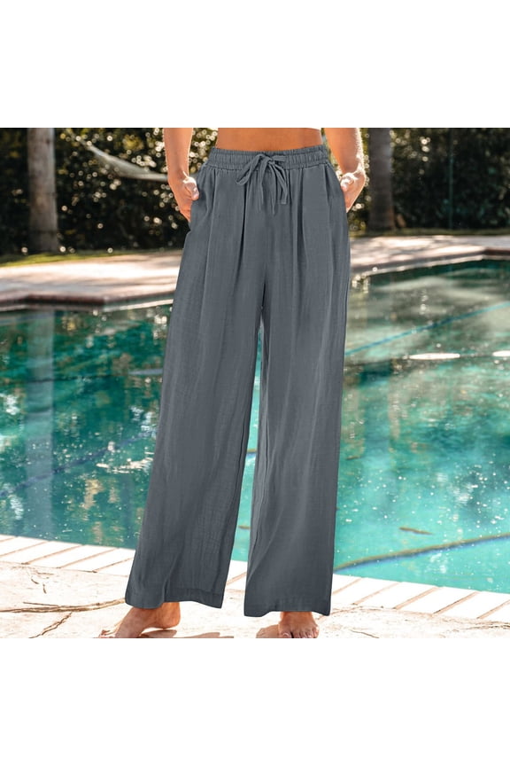 Women Wide Leg Pull On Pants Elastis Waist Drawstring Linen Pants for Women Summer Travel Palazzo Pants Dressy Casual Work Trousers Gray S