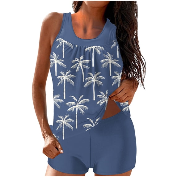 Nfurl Women's 2 Piece Bathing Suits Tummy Control Tankini Swimwear with Shorts Summer Beach Modest Tankini Swimsuits for Women Navy,Size XL
