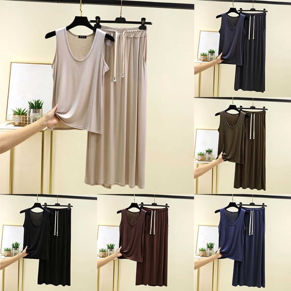 Nfurl Women's 2 Piece Modal Pjs Sets Soft Tank Tops Wide Leg Pajamas Pants Petite Lounge Sets Ladies Sleepwear Fall Outfits Beige XL