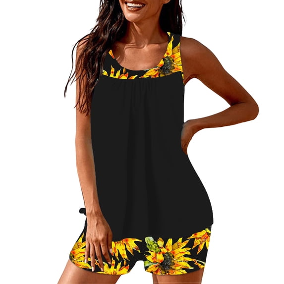 Nfurl Women's 2 Piece Swimsuits Sets Trendy Floral Print Swim Tank Tops with Boyshorts Summer Tankini Bathing Suits Two Piece Swimwear Set Yellow,Size XL