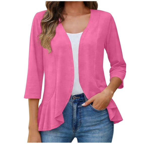 Nfurl Women's 3/4 Sleeve Cardigans Light Weight Open Front Shrugs Elegant Casual Draped Ruffle Solid Color Thin Cardigan Hot Pink,XL
