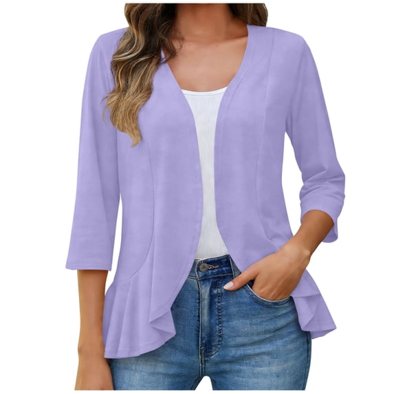 Nfurl Women's 3/4 Sleeve Cardigans Light Weight Open Front Shrugs Elegant Casual Draped Ruffle Solid Color Thin Cardigan Purple,M
