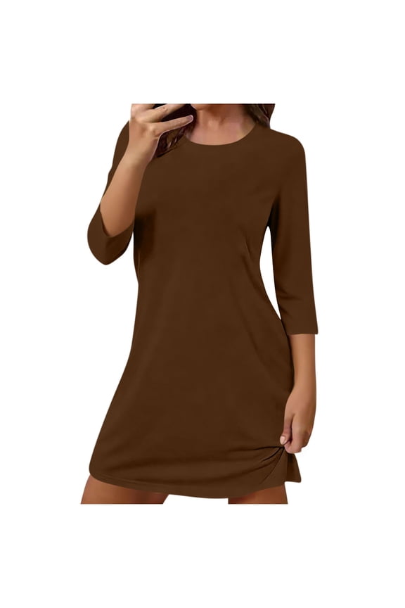 Women's 3/4 Sleeve Nightgowns Soft Solid Color Petite Short Nightgown Comfy Sleepwear Casual Loungewear Sleep Dresses Brown S