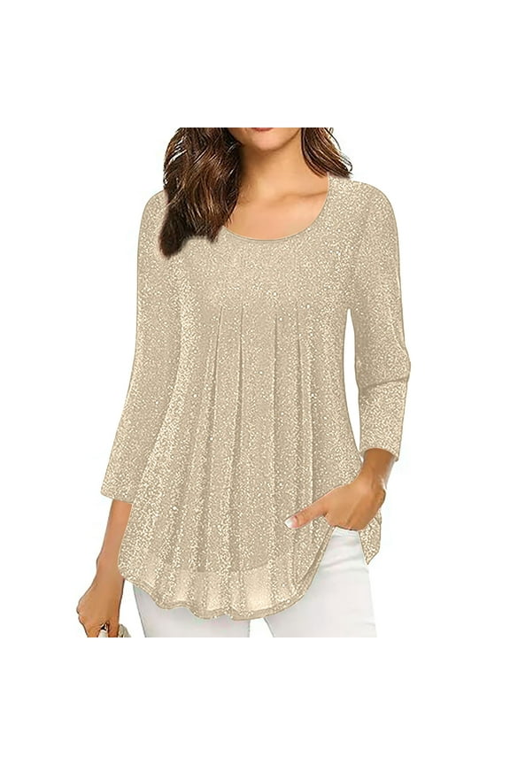 Women's 3/4 Sleeve Sequin Tops Dressy Round Neck Glitter Sparkly Blouses Elegant Pleated Curved Hem Top Party Club Clothes Beige XL