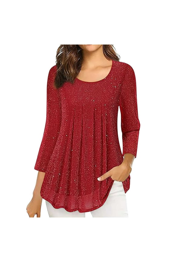 Women's 3/4 Sleeve Sequin Tops Dressy Round Neck Glitter Sparkly Blouses Elegant Pleated Curved Hem Top Party Club Clothes Red XXL
