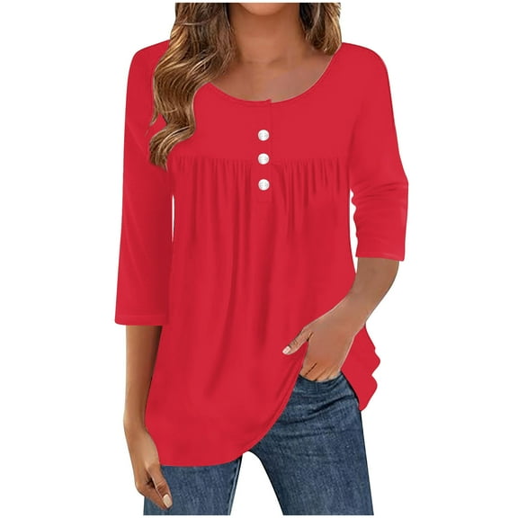 Nfurl Women's 3/4 Sleeve Tunic Tops Elegant Button Ruched Peplum Shirts for Women Business Casual Tops Dressy Work Shirt Ladies Blouses Red S