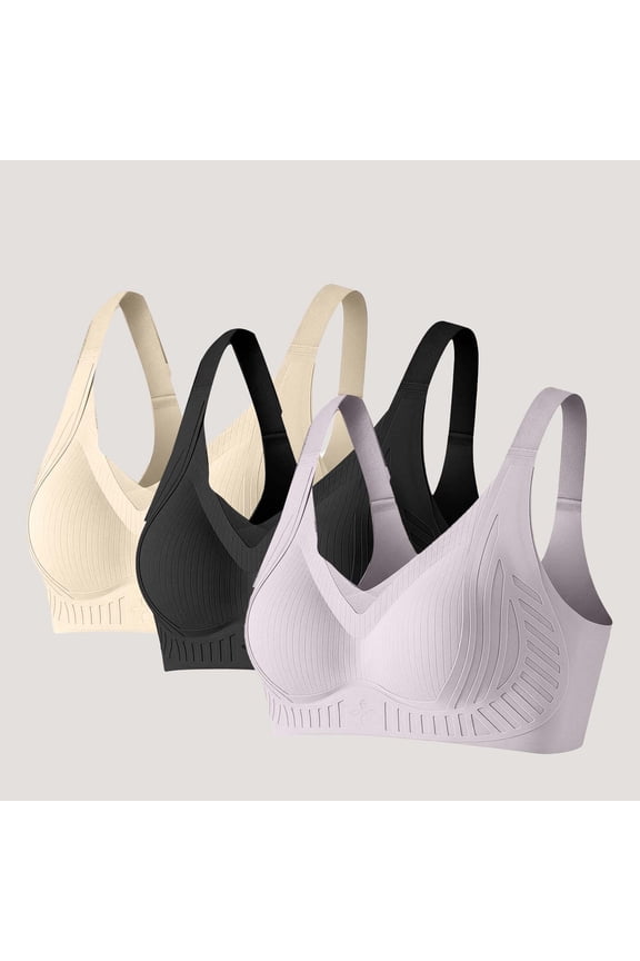 Women's 3 Pack Full Coverage Everyday Bras Comfy Seamless Wireless T Shirt Bra Support Padded Push up Jelly Bras Black XL