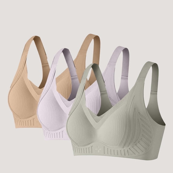 Nfurl Women's 3 Pack Full Coverage Everyday Bras Comfy Seamless Wireless T Shirt Bra Support Padded Push up Jelly Bras Green M