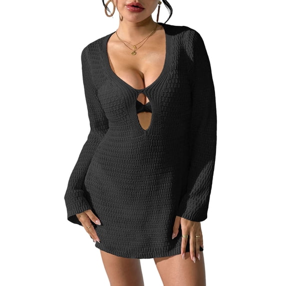 Nfurl Women's Beach Cover up Dress Fitted Scoop Neck Hollow Out Swim Bikini Coverup Summer Long Sleeve Swimsuit Cover ups for Women Black XL