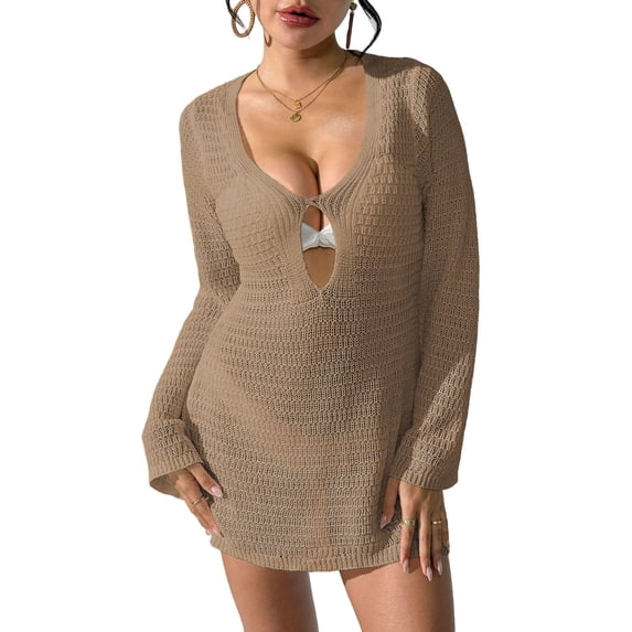 Nfurl Women's Beach Cover up Dress Fitted Scoop Neck Hollow Out Swim Bikini Coverup Summer Long Sleeve Swimsuit Cover ups for Women Brown S