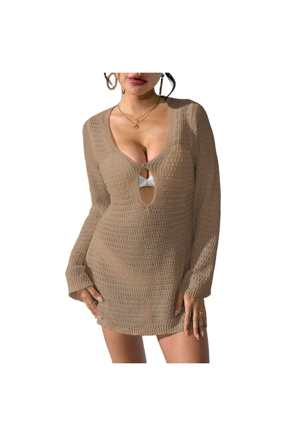 Women's Beach Cover up Dress Fitted Scoop Neck Hollow Out Swim Bikini Coverup Summer Long Sleeve Swimsuit Cover ups for Women Brown XL