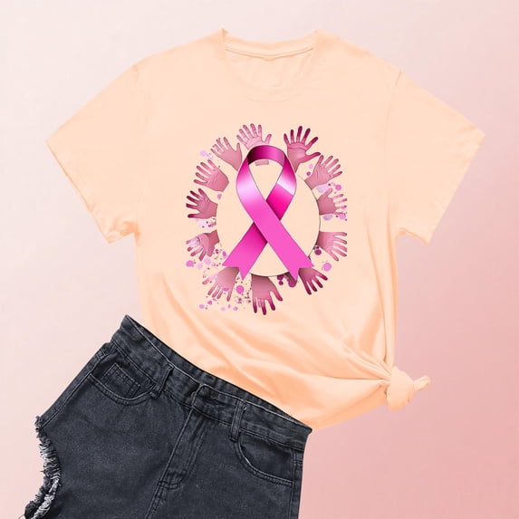 Nfurl Women's Breast Cancer Awareness Shirts Loose Fit Short Sleeve Pink Ribbon Graphic Tee Shirts Gifts for Breast Cancer Fighter Beige,S