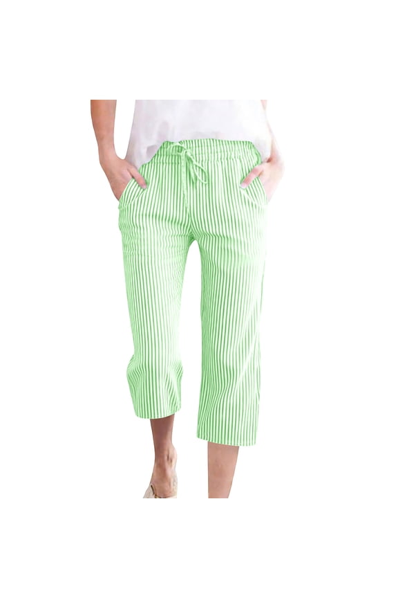 Women's Capris Pull On Trendy Striped Print Elastic Waist Drawstring Summer Capri Pants with Pockets Lightweight Straight Leg Linen Capris Mint Green,XXXL