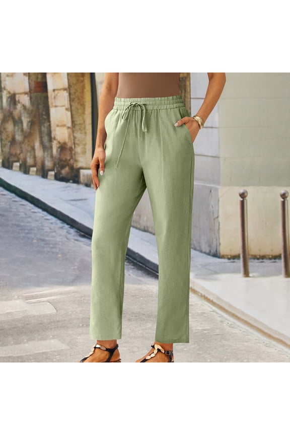 Women's Casual Linen Cropped Pants Drawstring Elastic Waist Trousers with Pockets Slim Fit Petite Straight Leg Pants Summer Beach Pant Green S