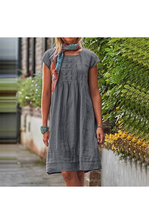 Women's Cotton Linen Dresses Ruched Short Sleeve T Shirt Dress Casual Round Neck Beach Dresses Flowy Solid Midi Dresses