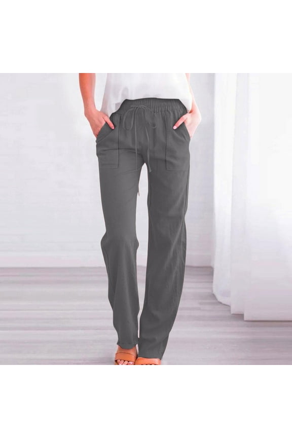 Women's Cotton Linen Pants with Pockets Fitted Drawstring Elastic Waist Cotton Linen Trouser Pant Casual Summer Pants Gray M