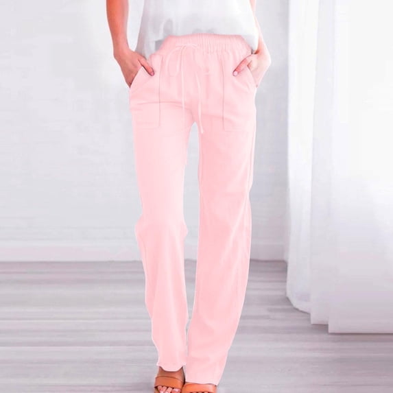 Nfurl Women's Cotton Linen Pants with Pockets Fitted Drawstring Elastic Waist Cotton Linen Trouser Pant Casual Summer Pants Pink S