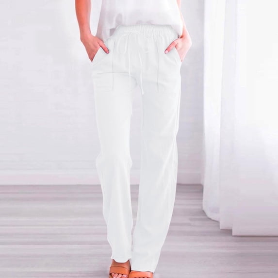 Nfurl Women's Cotton Linen Pants with Pockets Fitted Drawstring Elastic Waist Cotton Linen Trouser Pant Casual Summer Pants White XL