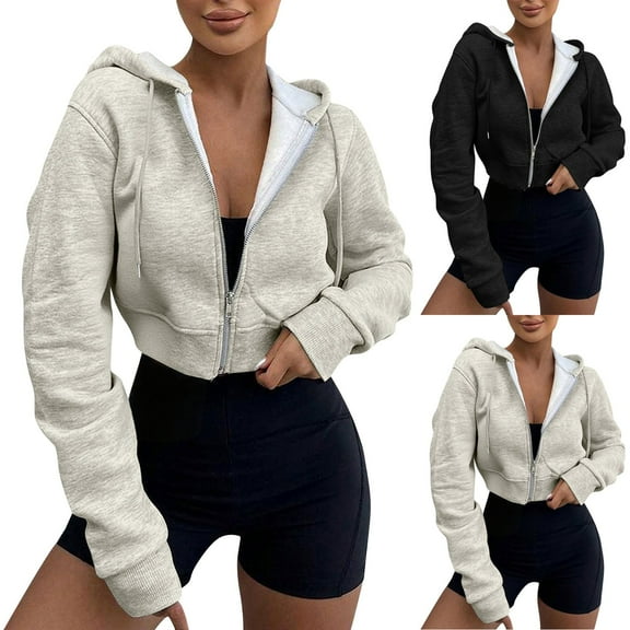 Nfurl Women's Cropped Jackets Fall Fashion Long Sleeve Zip Up Short Jacket Casual Solid Color Workout Coats with Hooded Activewear Black XXL