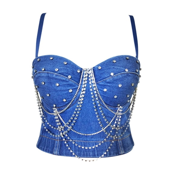 Nfurl Women's Denim Corset Top Elegant Rhinestone Trim Bustier Corset Lingerie Trendy Party Going Out Bustier with Straps Blue,95