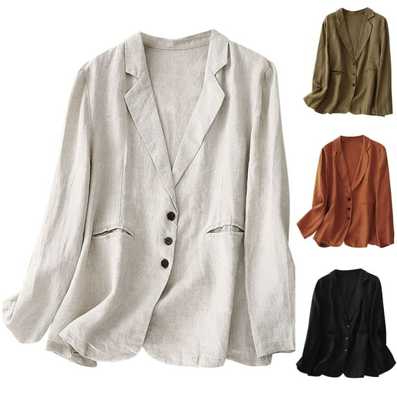 Nfurl Women's Fall Linen Blazers Fitted Long Sleeve Button Work Office Blazer Business Casual Lapel Solid Color Suit Jackets Beige XXL