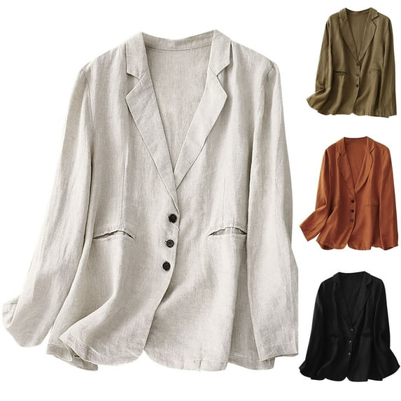 Nfurl Women's Fall Linen Blazers Fitted Long Sleeve Button Work Office Blazer Business Casual Lapel Solid Color Suit Jackets Orange M
