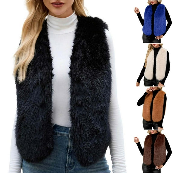 Nfurl Women's Fall Winter Faux Fur Vests Soft Fluffy Fleece Open Front Sleeveless Jackets Warm Ladies Outerwear Vests Coffee S