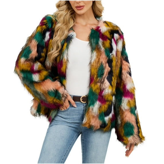 Nfurl Women's Faux Fur Short Jackets Trendy Colorblock Long Sleeve Open Front Jacket Soft Fluffy Fleece Coats Ladies Fall Winter Outerwear Multicolor XL