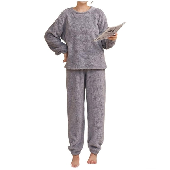 Nfurl Women's Flannel Pajamas Sets Warm Soft Fleece Long Sleeve Tops and Joggers Sleepwear 2 Piece Ladies Winter Pjs Set Cozy Loungewear Gray Free Size