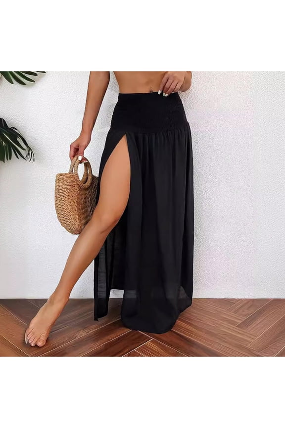 Women's Flowy Long Skirts Trendy Side Split Hem Beach Skirts for Women High Waisted Summer Casual Vacation Holidays Maxi Skirt Black,S