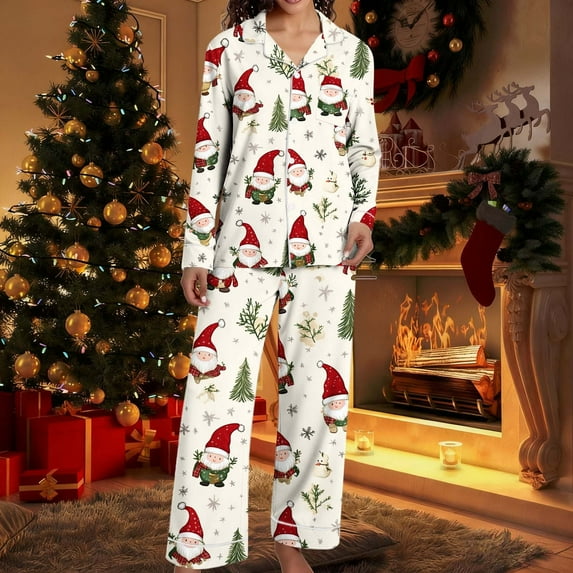 Nfurl Women's Funny Christmas Pajama Sets Cute Santa Claus Graphic Long Sleeve Button Down Sleepwear Set Comfy Petite Winter Holiday Pjs 2 Piece White L