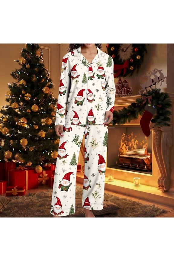 Women's Funny Christmas Pajama Sets Cute Santa Claus Graphic Long Sleeve Button Down Sleepwear Set Comfy Petite Winter Holiday Pjs 2 Piece White L
