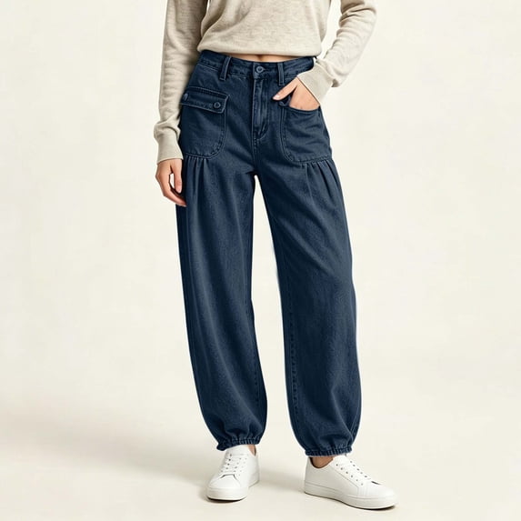 Nfurl Women's Jeans Trendy Joggers Denim Pants with Pockets High Rise Ladies Jeans Dark Blue,L